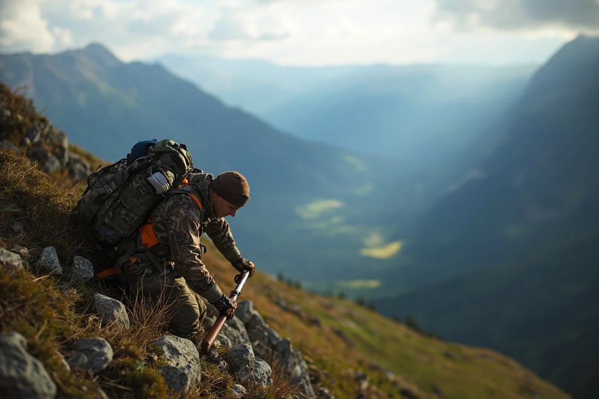 Hunter in loaded backpack frame climbing steep Montana mountainside with valley visible below
