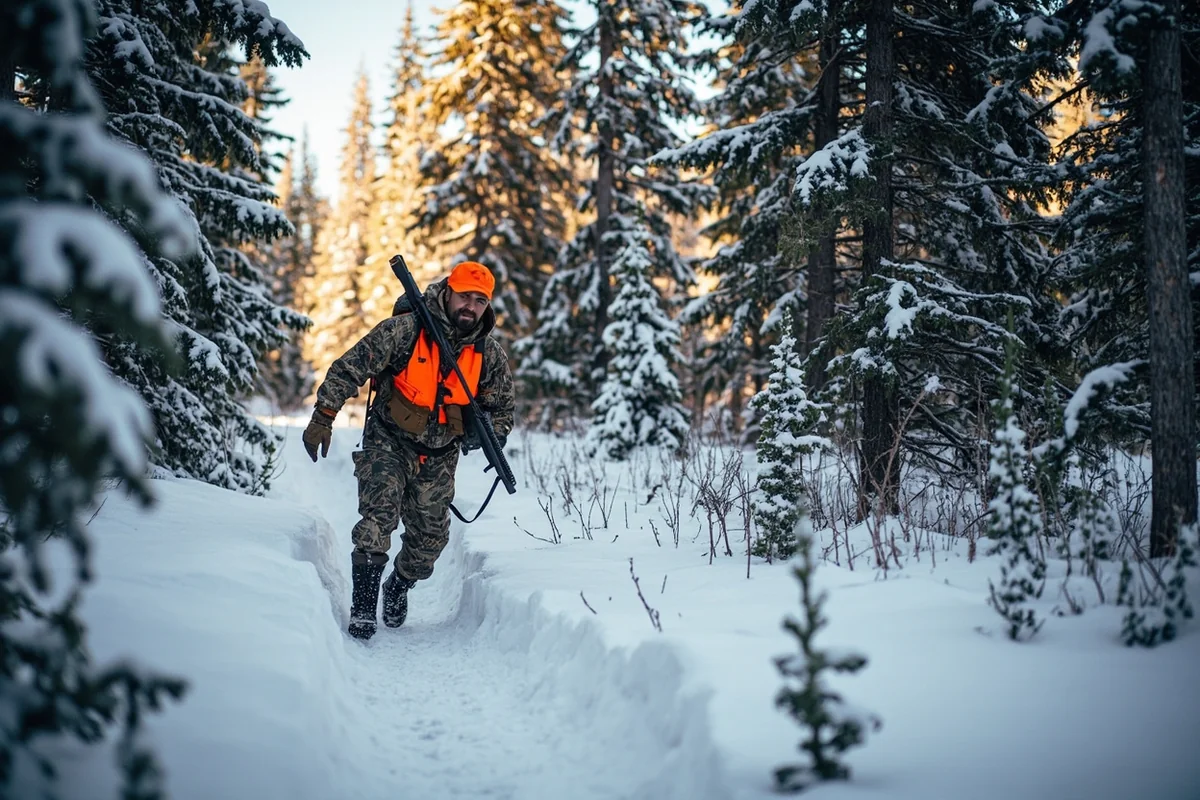Hunter in orange vest moving through snow-dusted Montana timber during rifle season