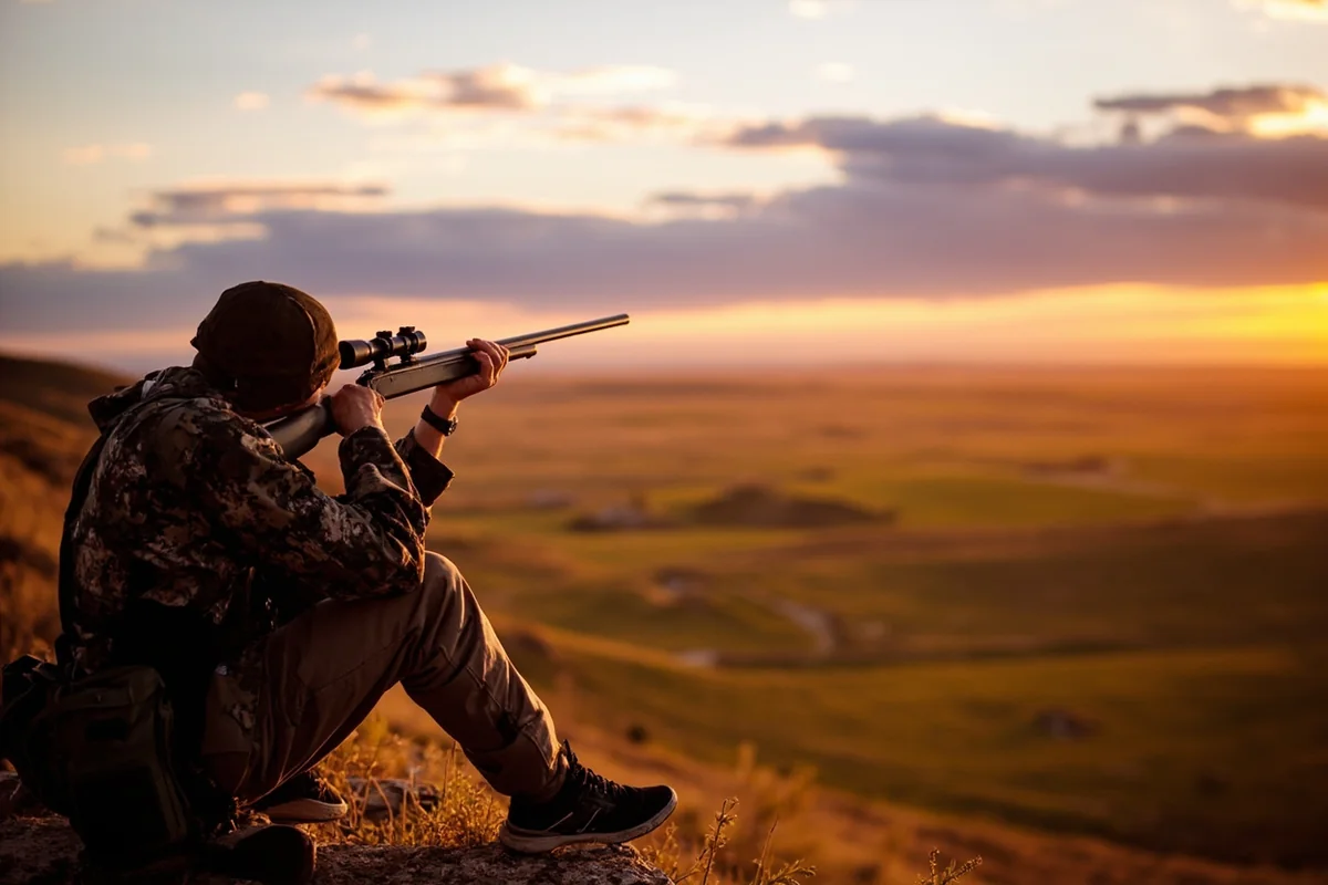 Hunter in position glassing from a ridge overlooking Montana coulee country at dawn