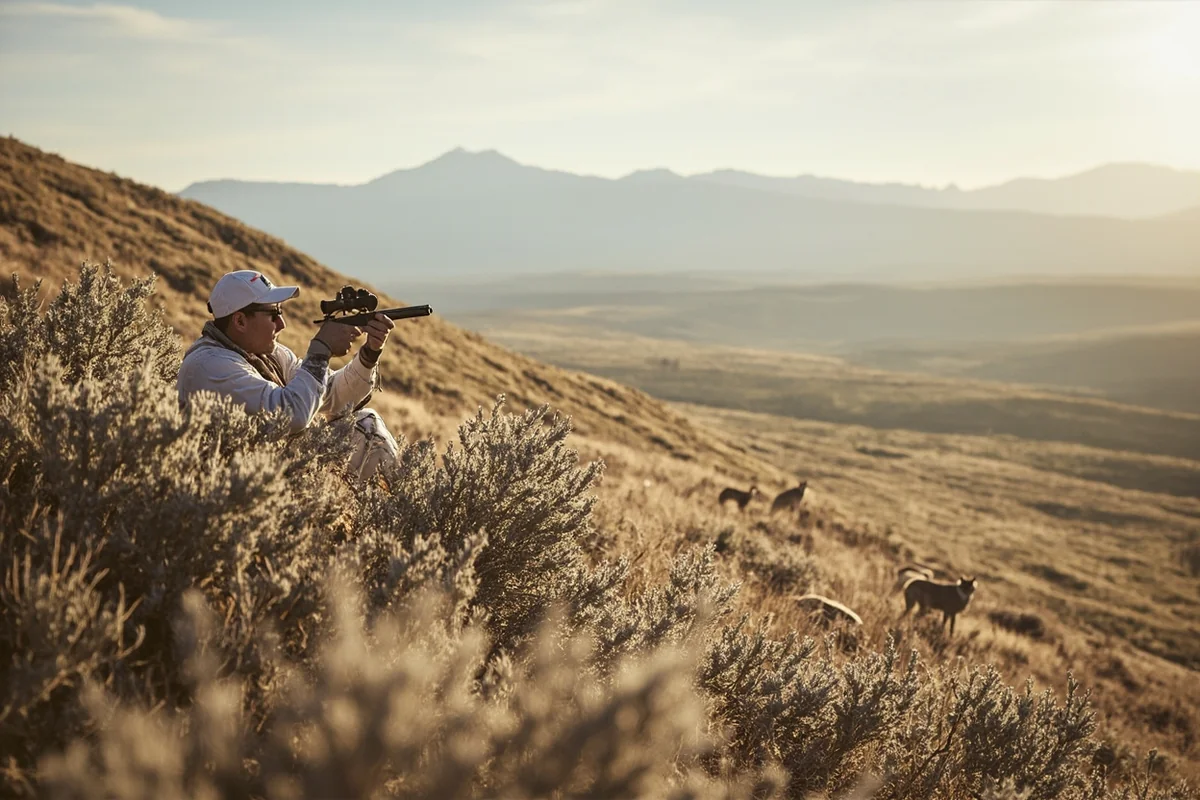 Hunter in white camouflage positioned behind sagebrush on Montana ridgeline glassing for coyotes