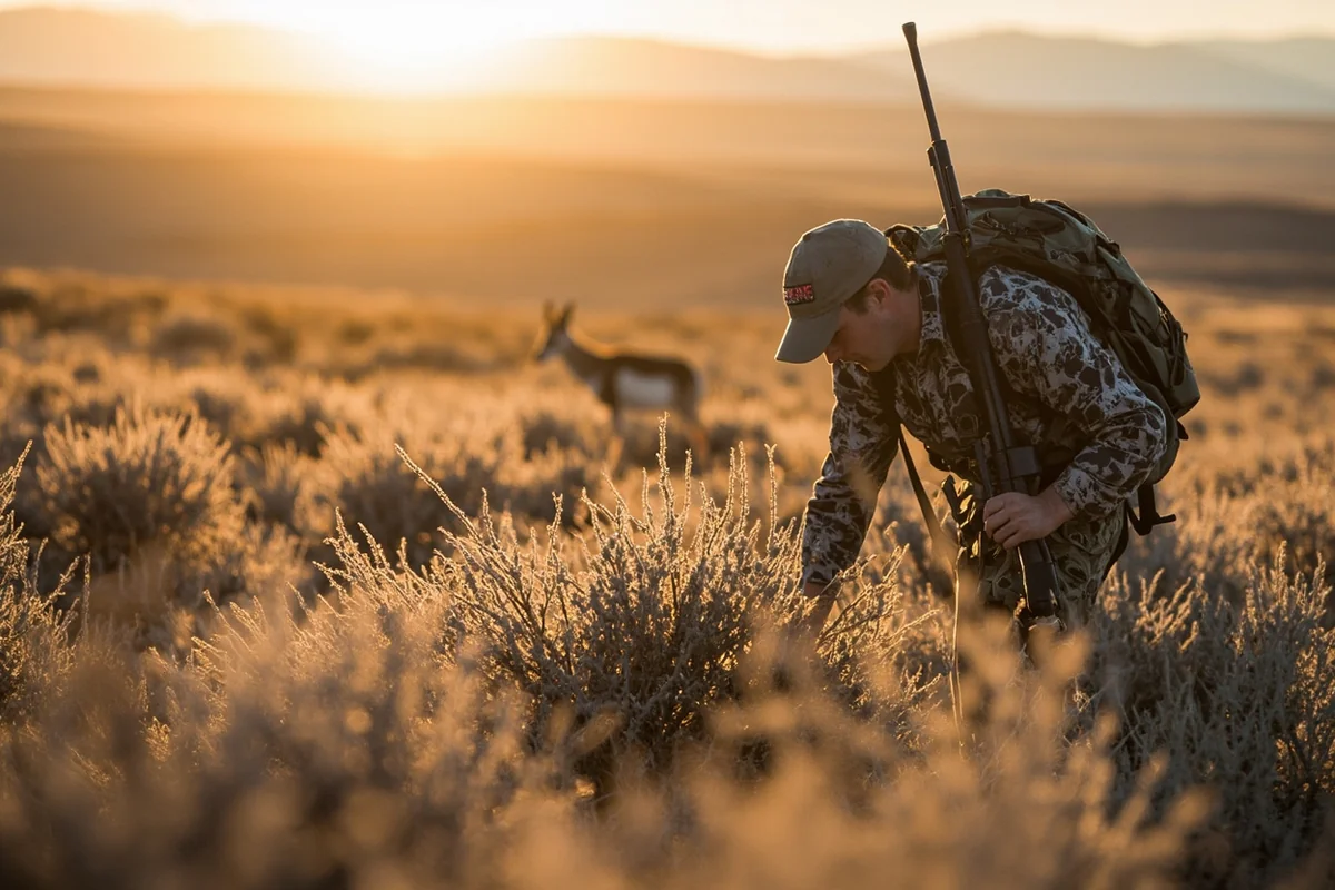 Hunter low-crawling through sage brush toward unseen pronghorn, showing typical stalking terrain