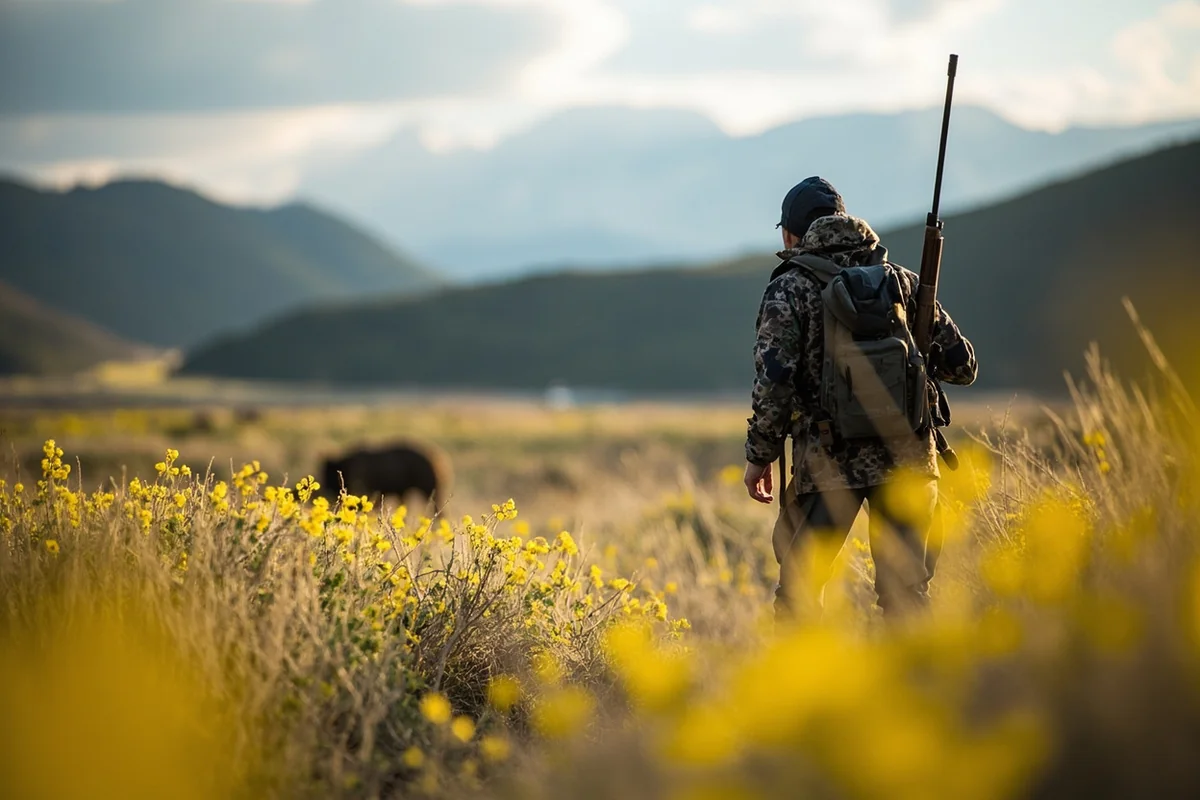 Hunter making careful stalk through Montana spring terrain toward distant bear location
