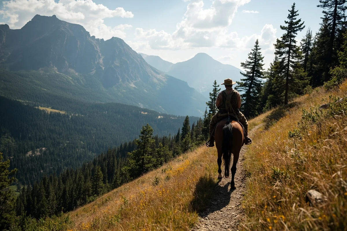 Hunter on horseback traversing a mountain trail in the Bob Marshall Wilderness
