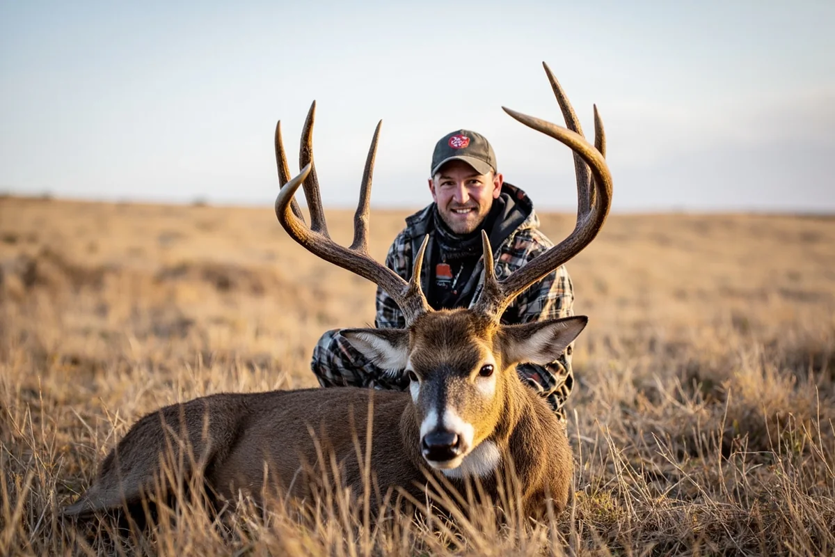 Hunter posing with harvested Montana mule deer buck in sagebrush prairie setting