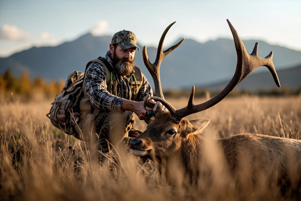 Hunter processing elk quarter in the field, game bags visible, mountain backdrop