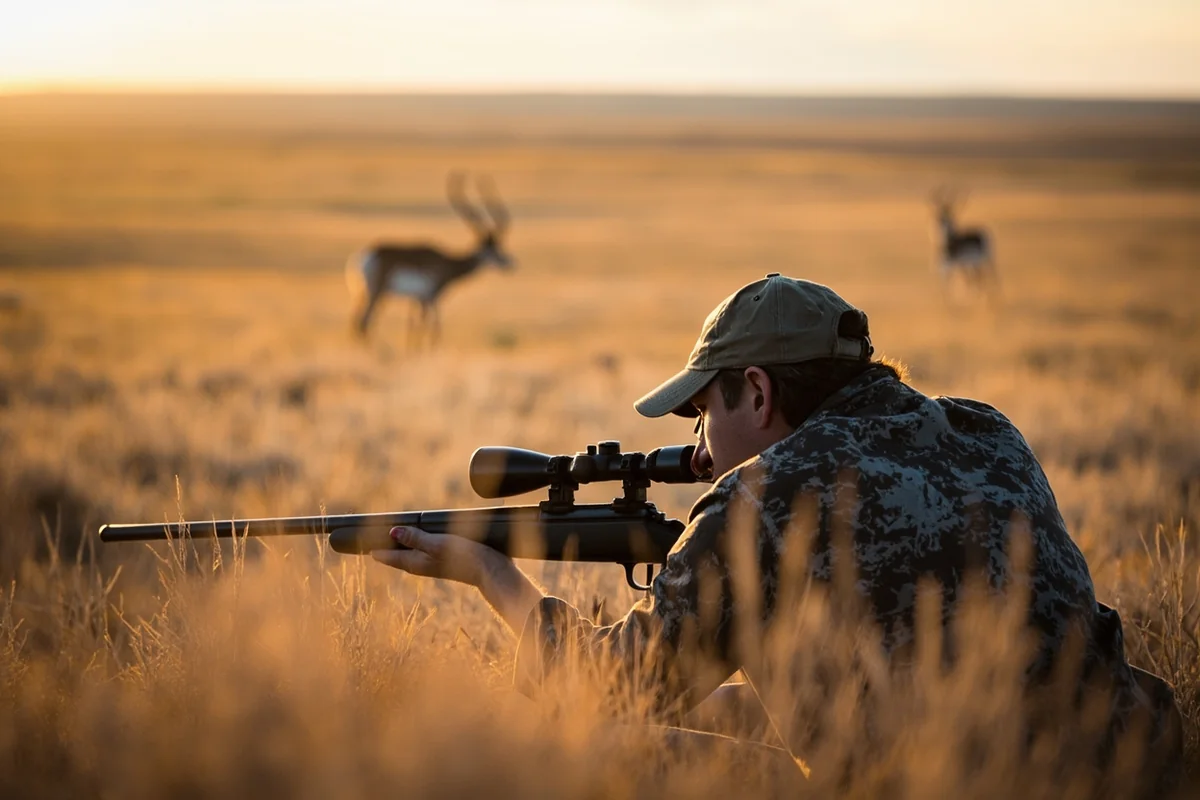 Hunter prone behind a rifle on the Montana prairie, taking aim at distant pronghorn