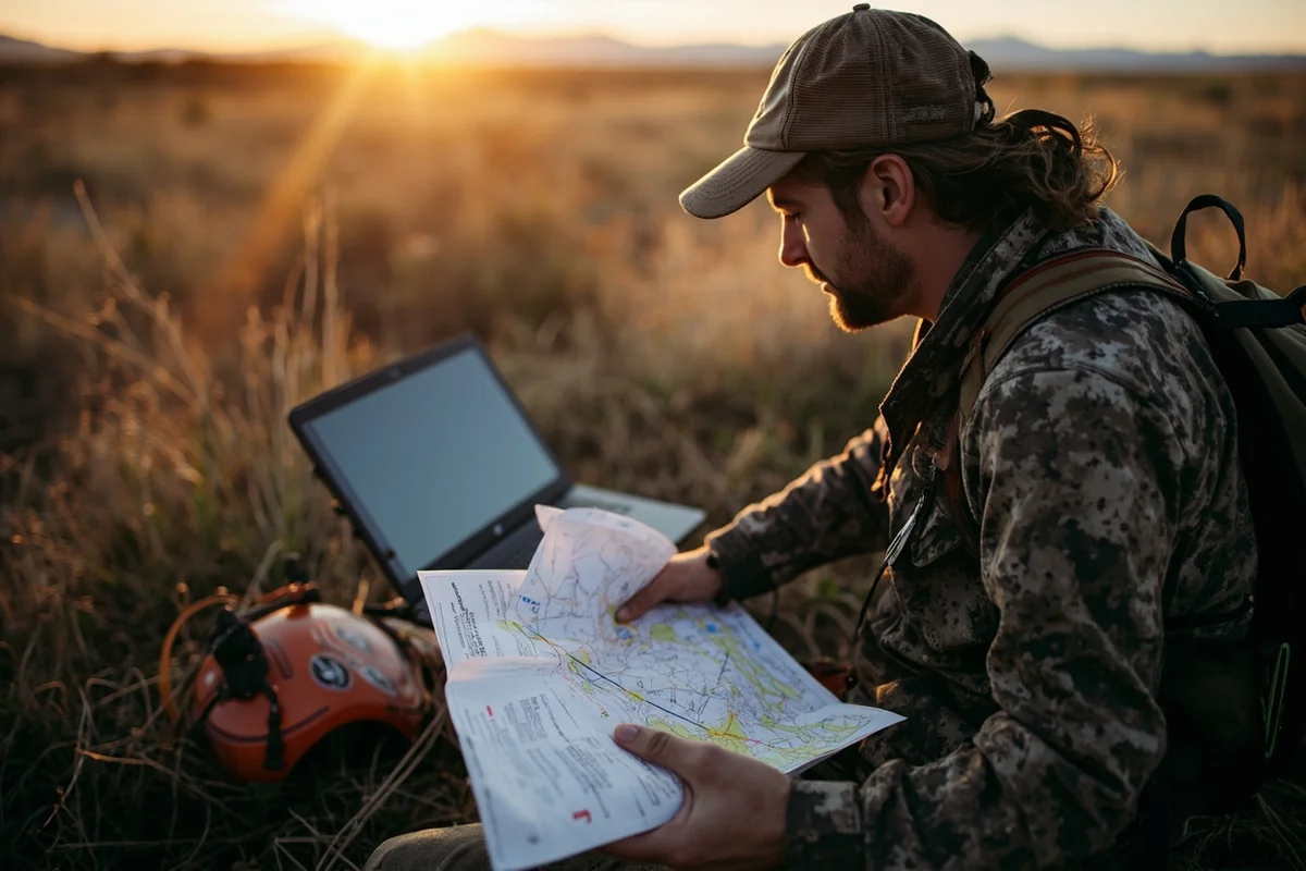 Hunter reviewing Montana FWP application materials with laptop and paper maps