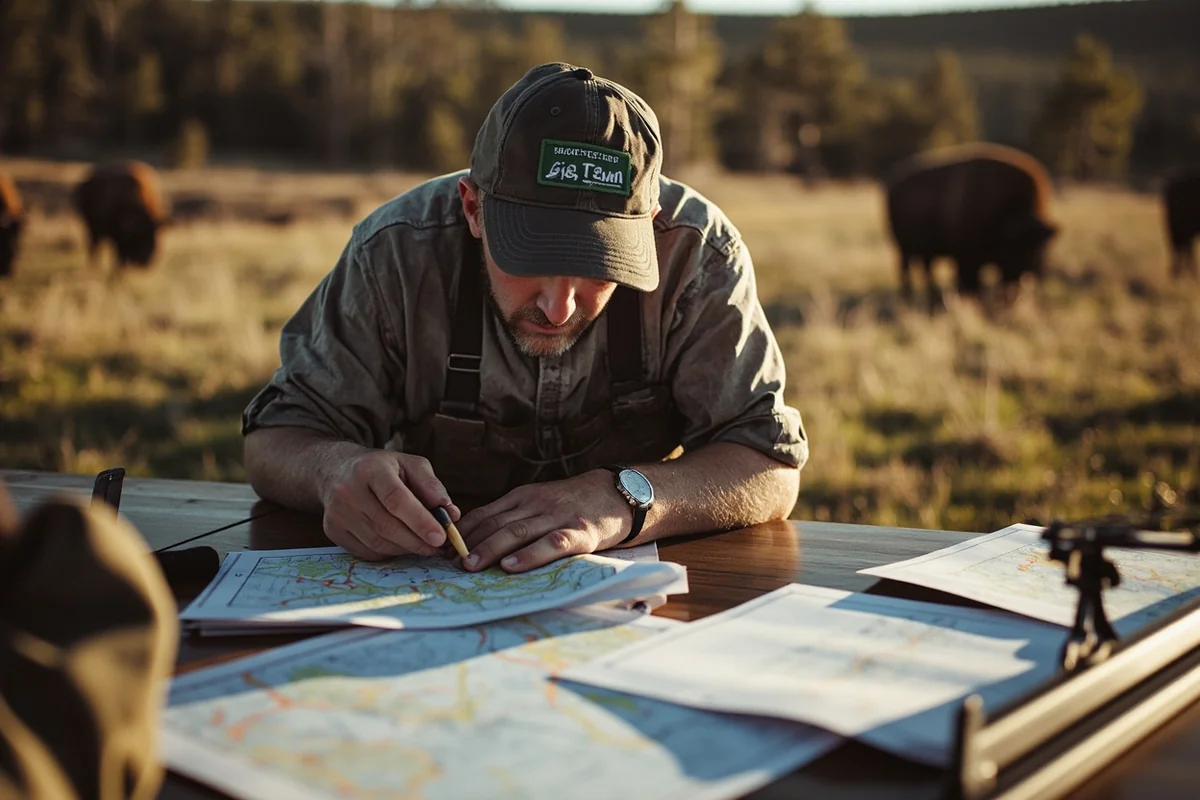Hunter reviewing Montana FWP bison application paperwork with maps spread on table
