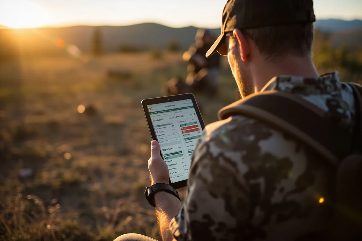 Hunter reviewing Montana FWP license fee schedule on tablet at camp
