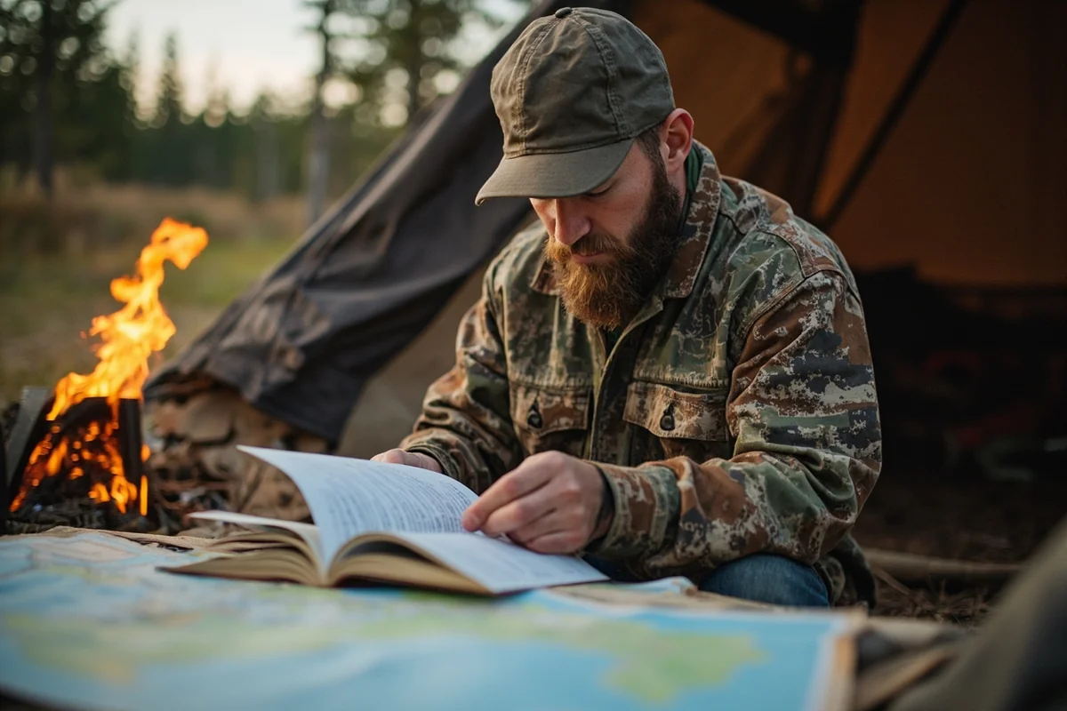 Hunter reviewing Montana hunting regulations book at camp, maps spread on table