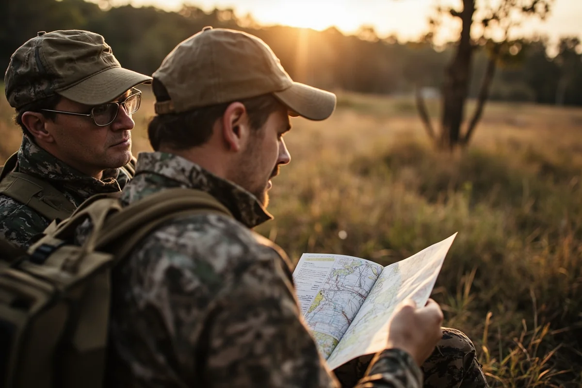 Hunter reviewing regulations and maps with guide in camp