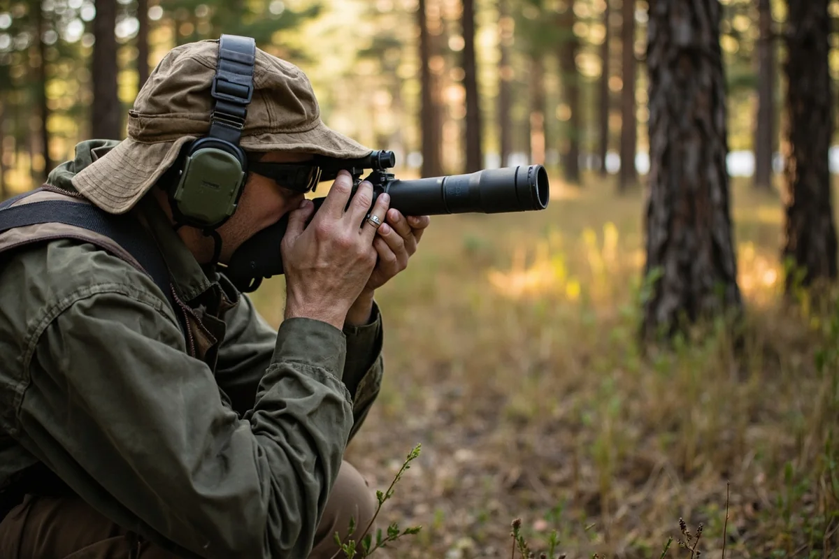 Hunter scanning ponderosa pine forest for squirrels in Montana's Bitterroot Valley