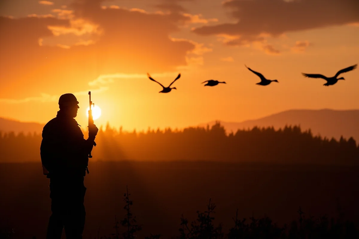 Hunter silhouette against Montana sunset with geese flying overhead