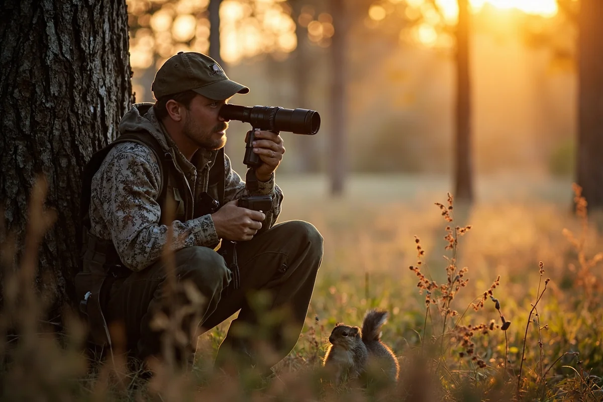 Hunter sitting against a tree trunk scanning for squirrels in morning light