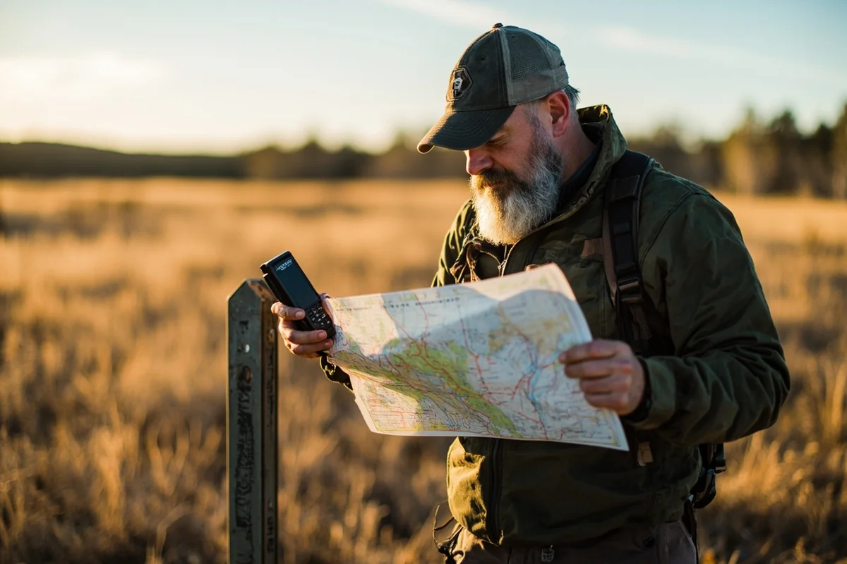 Hunter studying a map and GPS unit on Montana state trust land with section marker post visible