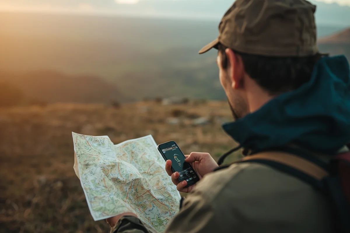 Hunter studying topographic map with weather forecasting app visible on phone