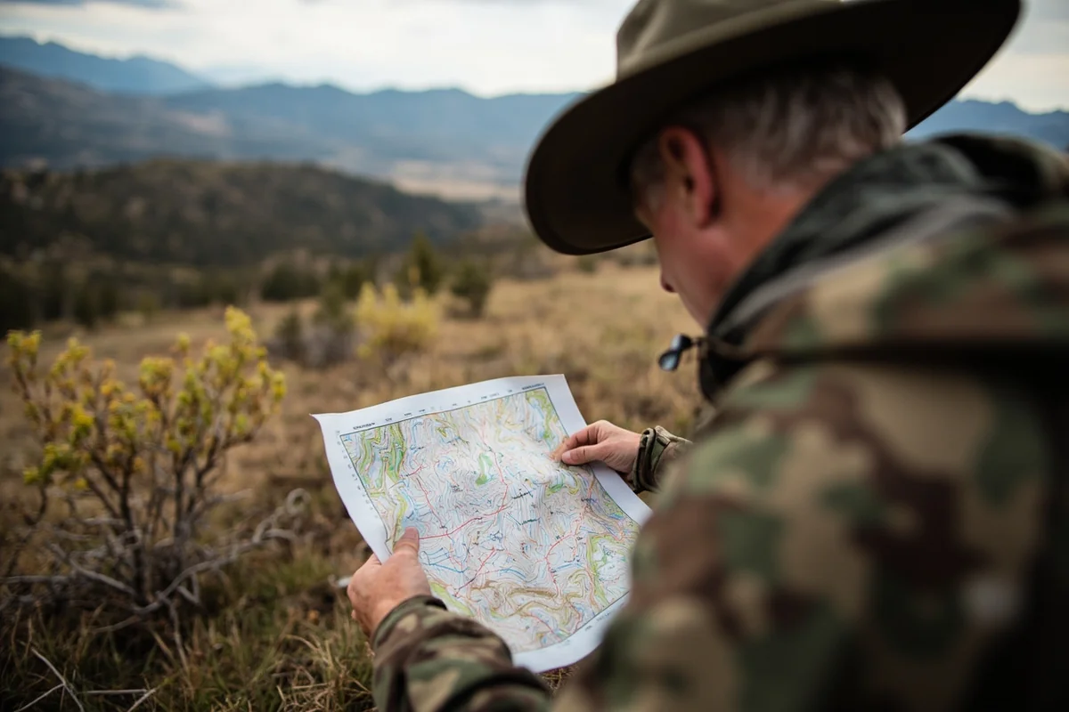 Hunter studying topographic maps and planning Montana hunting trip