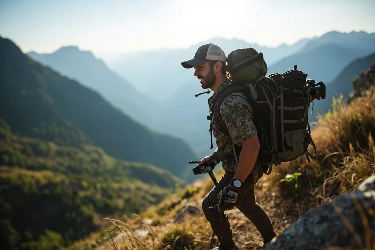 Hunter training with weighted pack on steep mountain trail