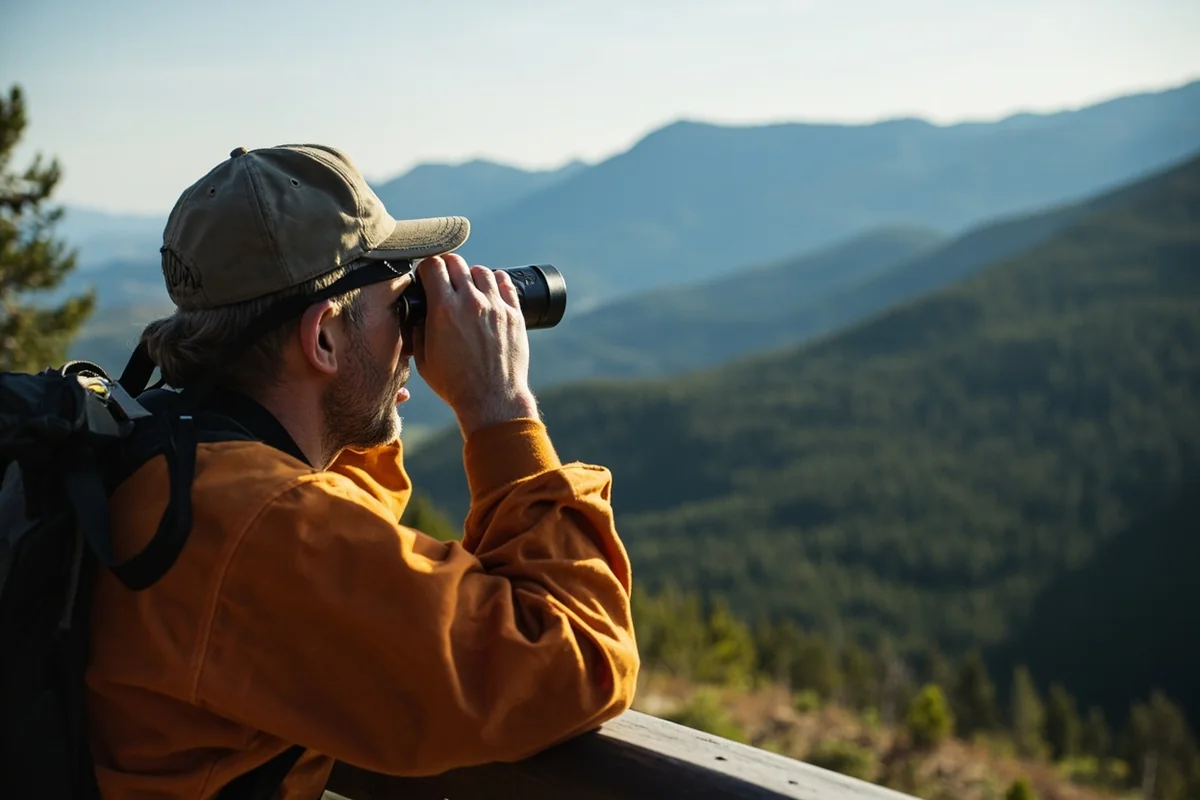 Hunter using binoculars to glass for black bears from an elevated position overlooking a Montana valley