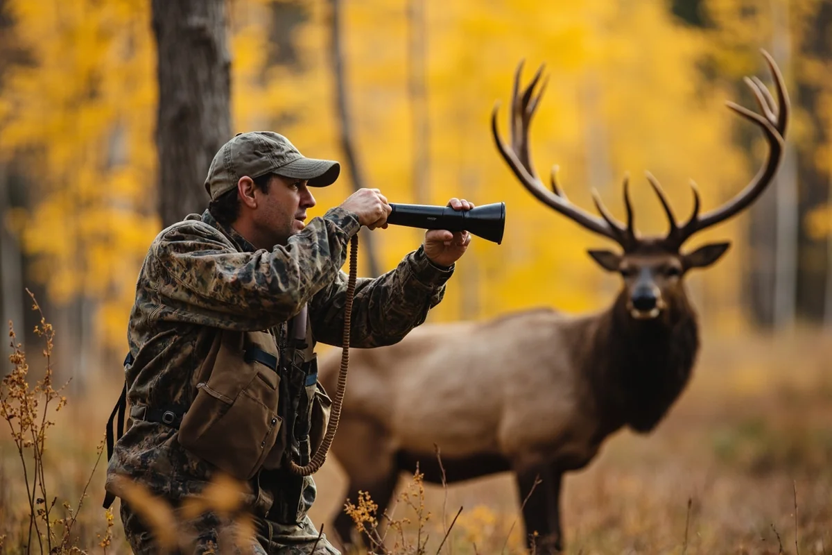 Hunter using elk bugle call in Montana forest with golden aspen trees in background