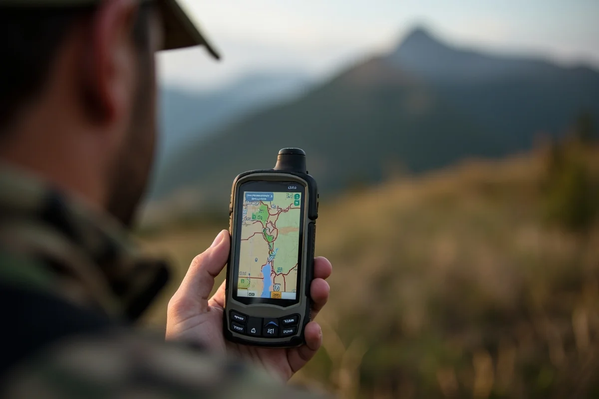 Hunter using GPS device with hunting district boundaries displayed on screen in mountain terrain