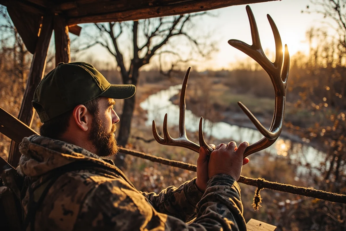 Hunter using rattling antlers in a ground blind setup overlooking a cottonwood creek bottom