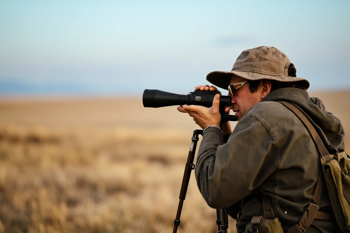 Hunter using spotting scope on tripod, scanning vast Montana prairie from elevated vantage point overlooking sagebrush flats