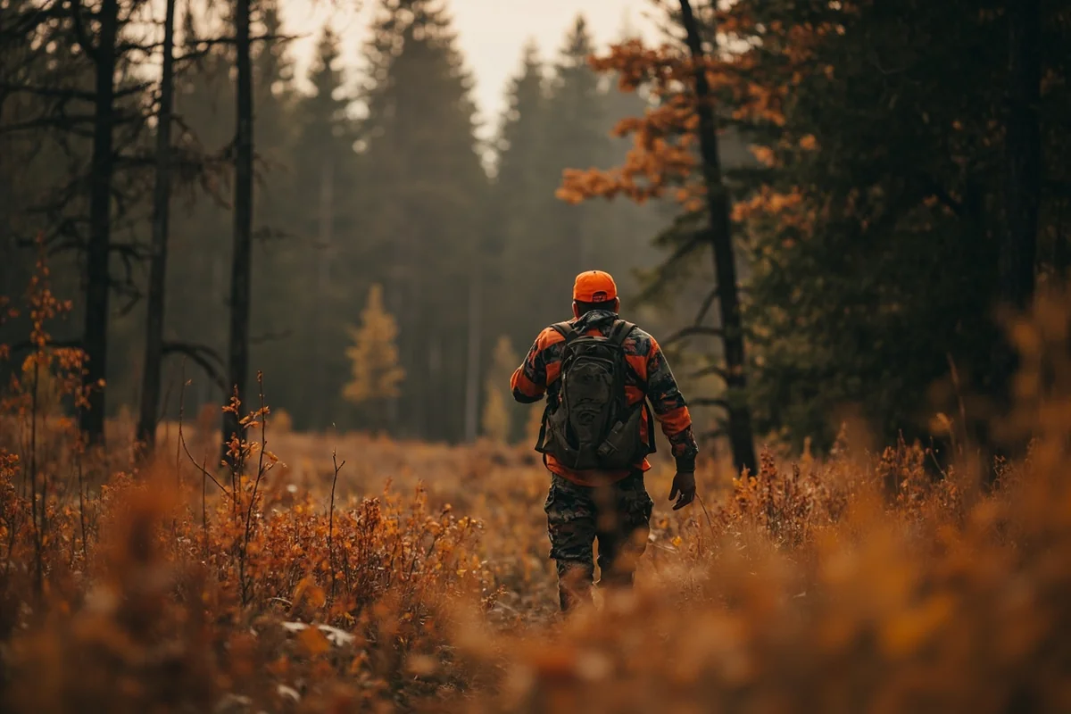 Hunter wearing blaze orange walking through Montana forest in autumn