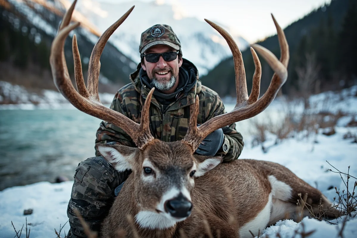 Hunter with a harvested whitetail buck in Montana river bottom terrain with snowy conditions