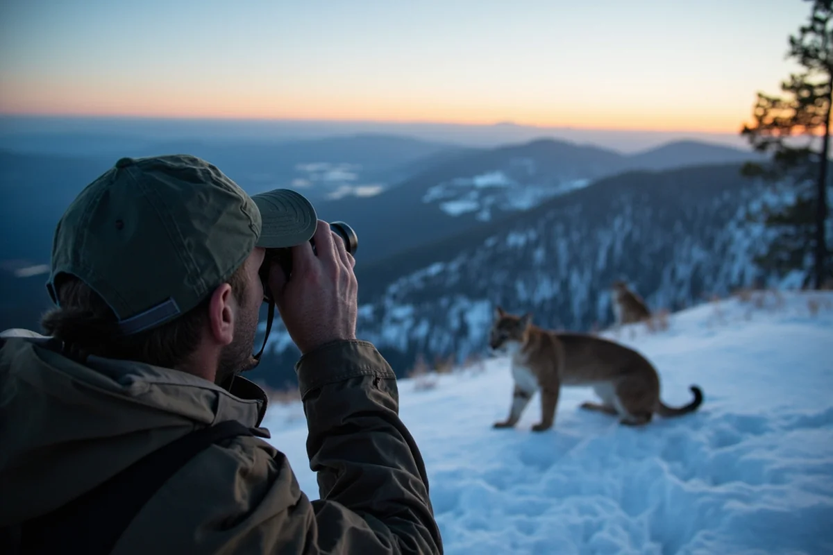 Hunter with binoculars glassing snowy Montana mountainside for mountain lions at dawn