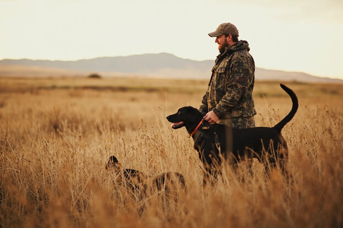 Hunter with bird dog in Montana grasslands during upland hunting