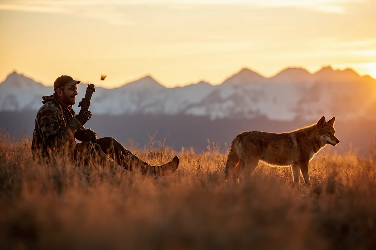 Hunter with called-in coyote on Montana prairie at sunrise with snow-covered mountains in background