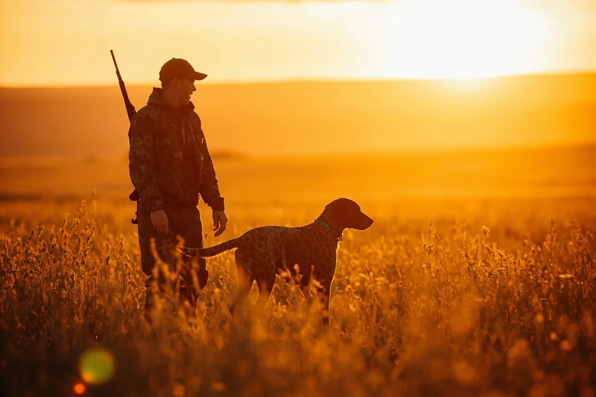 Hunter with German Shorthair Pointer walking through golden CRP grassland at sunrise in northeastern Montana