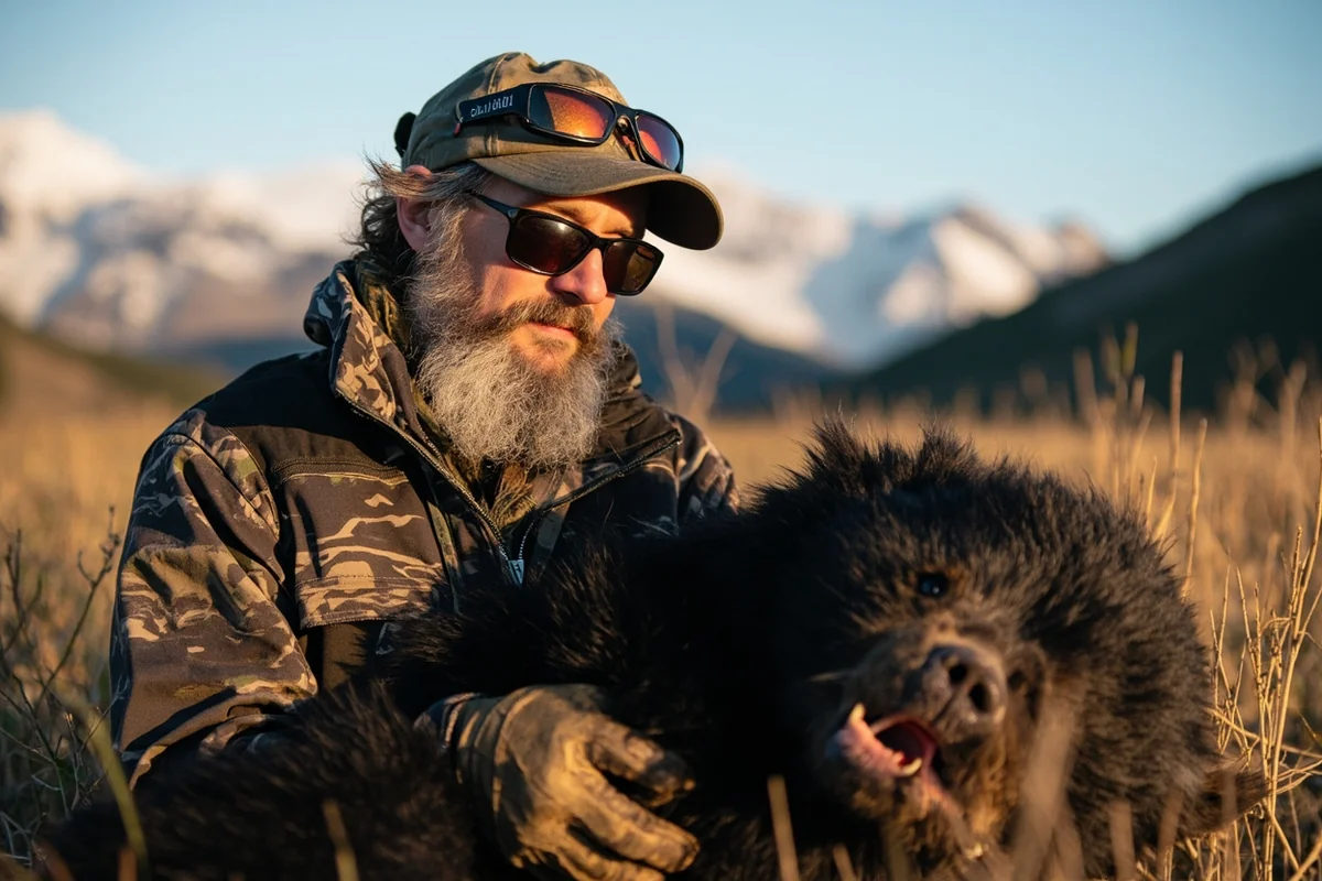 Hunter with harvested black bear in Montana mountain setting, showing proper field care