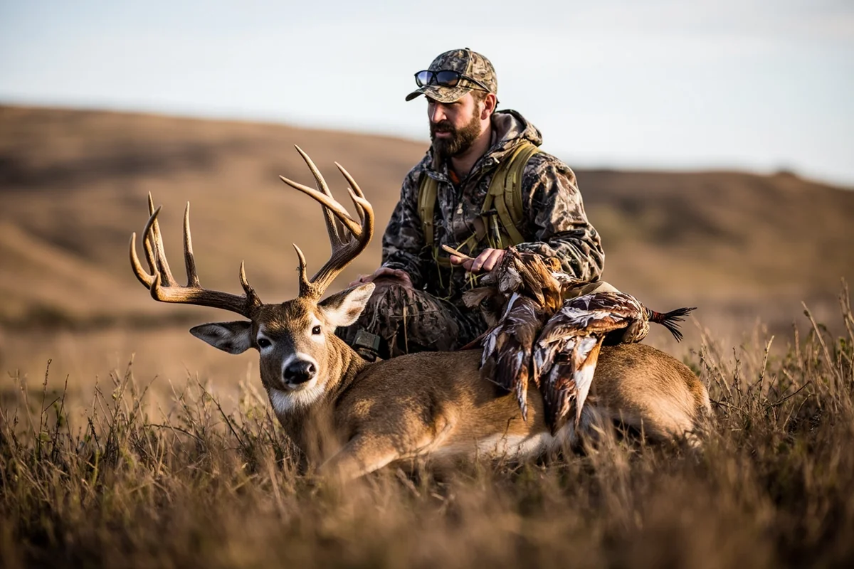Hunter with harvested deer and Hungarian partridge from a combination Montana hunt