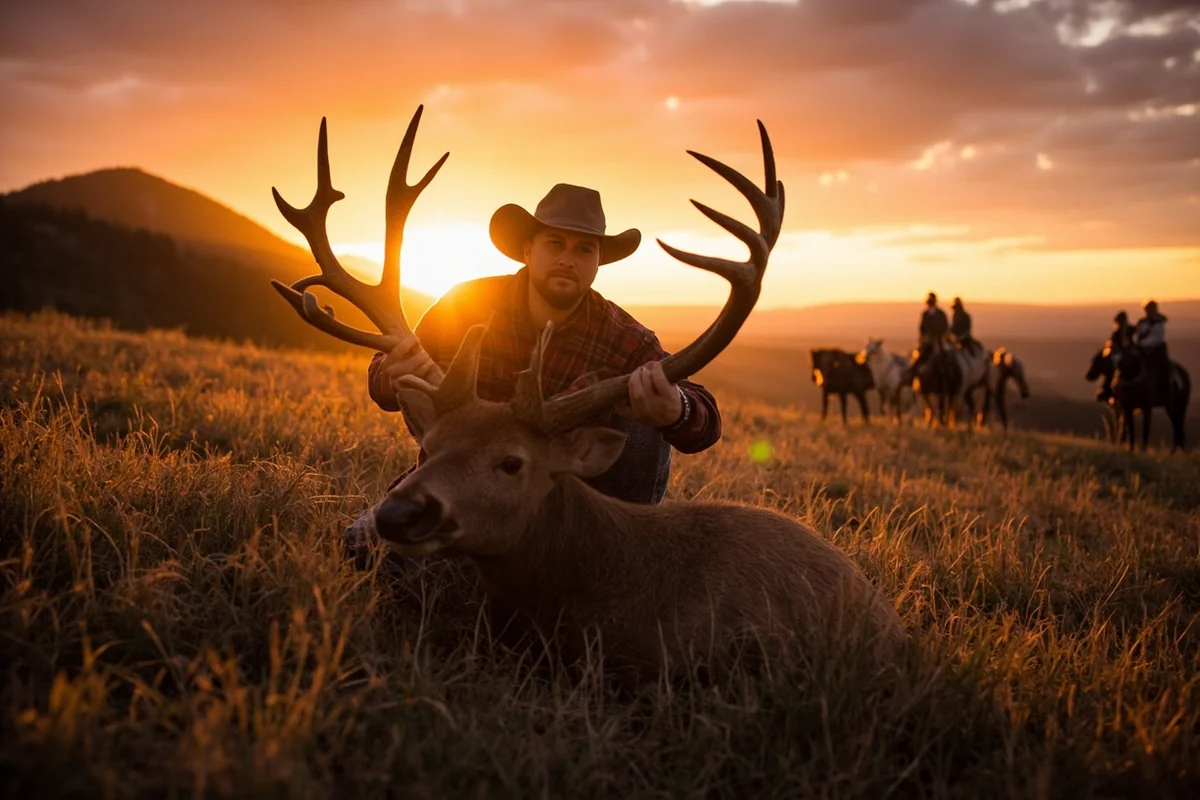 Hunter with harvested elk at sunset in mountain meadow with pack horses in background
