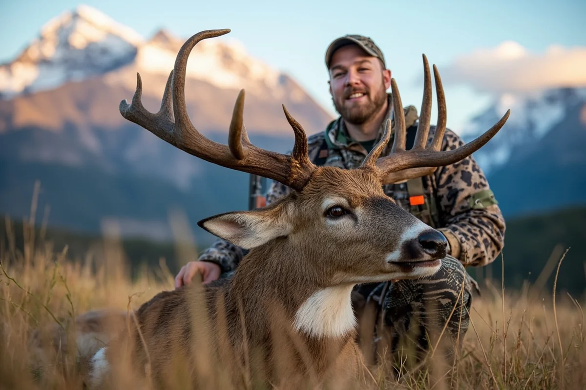 Hunter with harvested mule deer buck, Montana mountain landscape in background