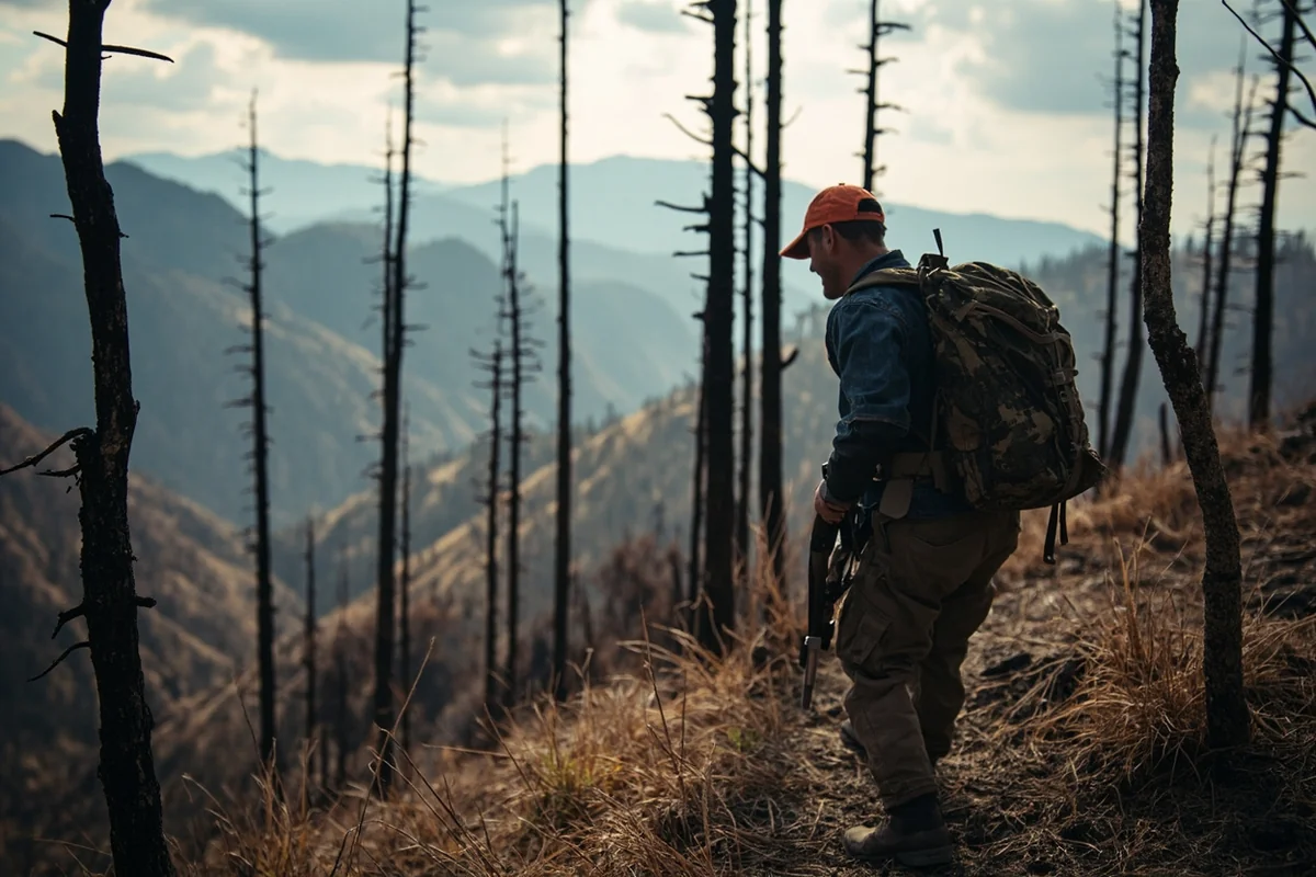 Hunter with loaded pack hiking uphill through burned timber with mountain peaks in background