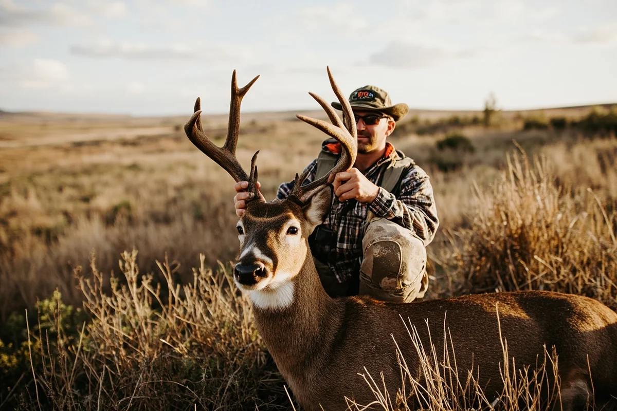 Hunter with packed mule deer buck on Block Management land in eastern Montana