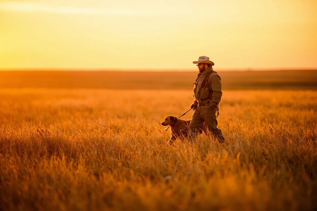 Hunter with pointer dog walking through golden prairie grass at sunrise near Lewistown, Montana