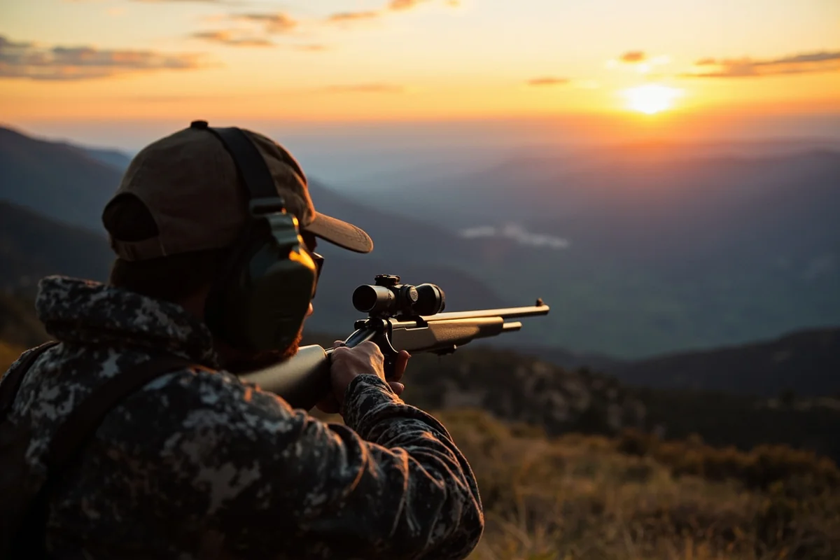 Hunter with rifle overlooking Montana mountain valley at sunrise