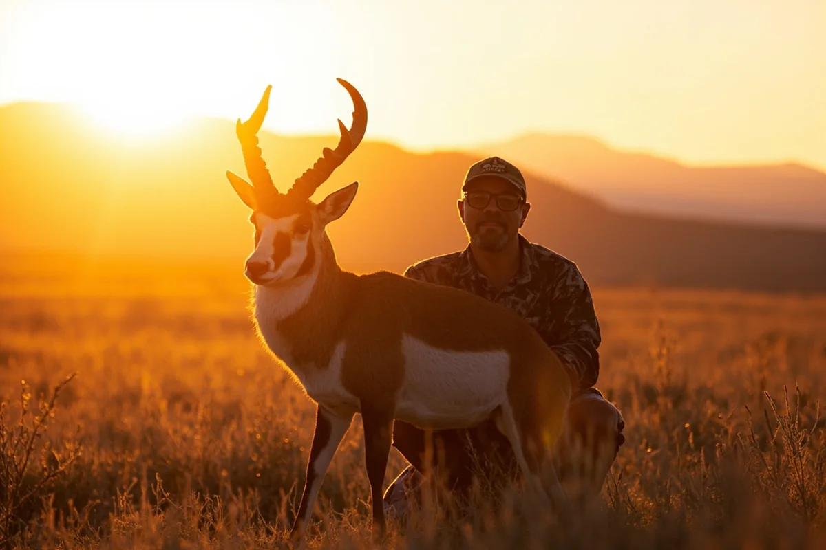 Hunter with successful pronghorn buck posing in Montana prairie at golden hour