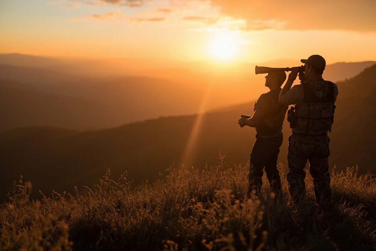 Hunters and guide glassing a mountain valley at sunrise in Montana