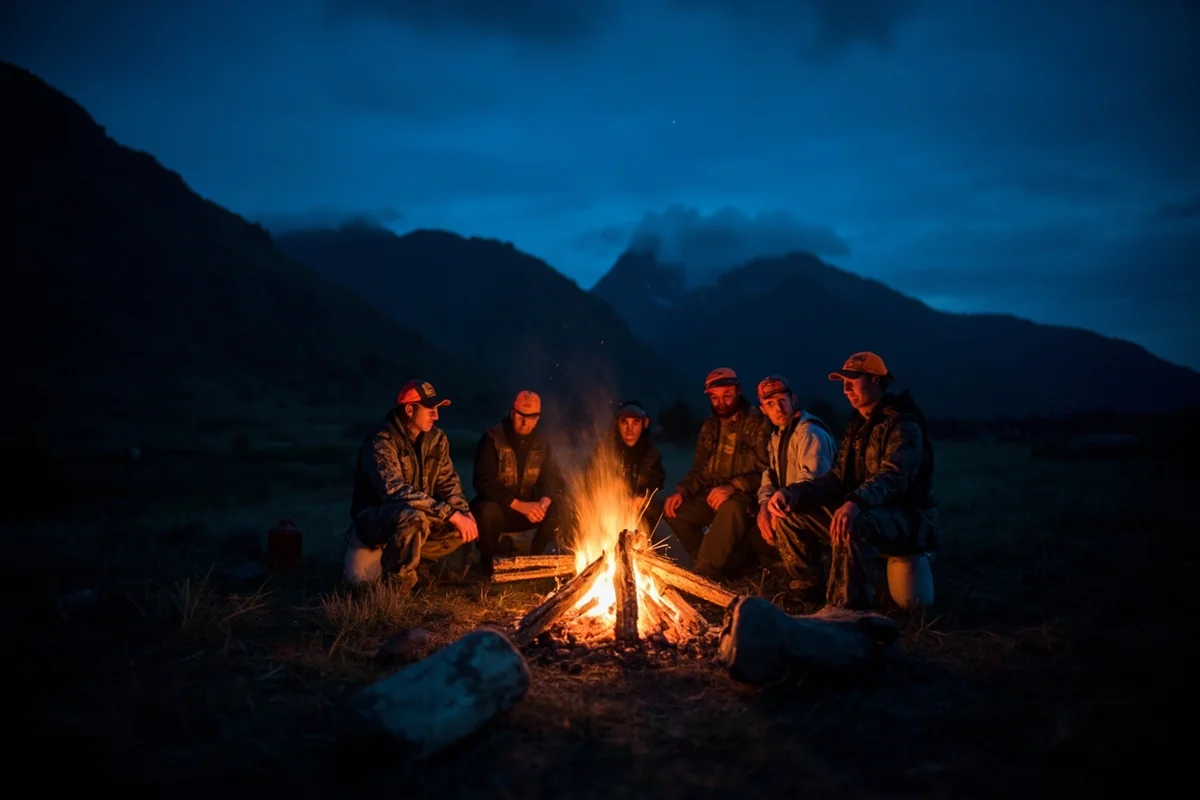 Hunters gathered around campfire at night with mountains in background