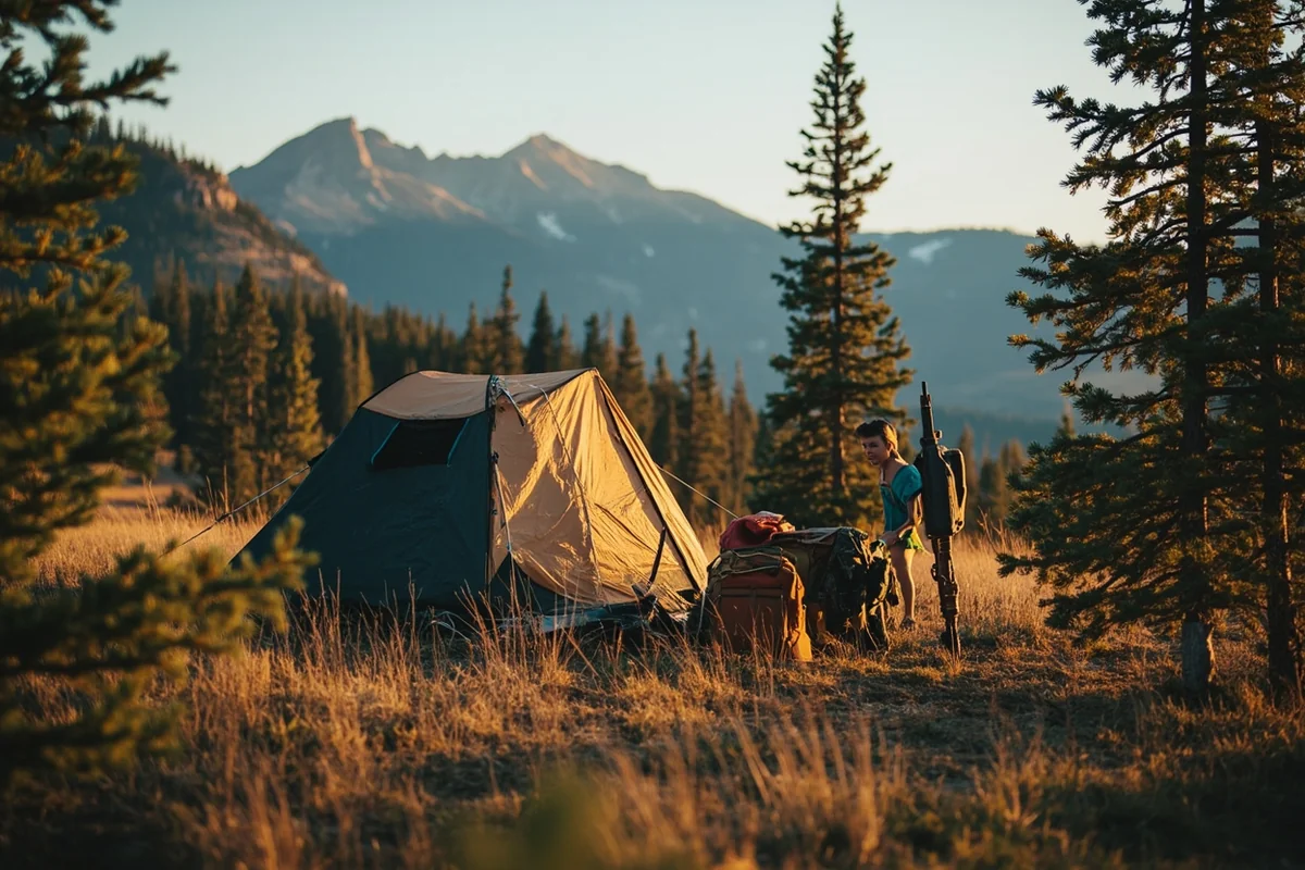 Hunting camp setup with tent and gear in Montana backcountry setting