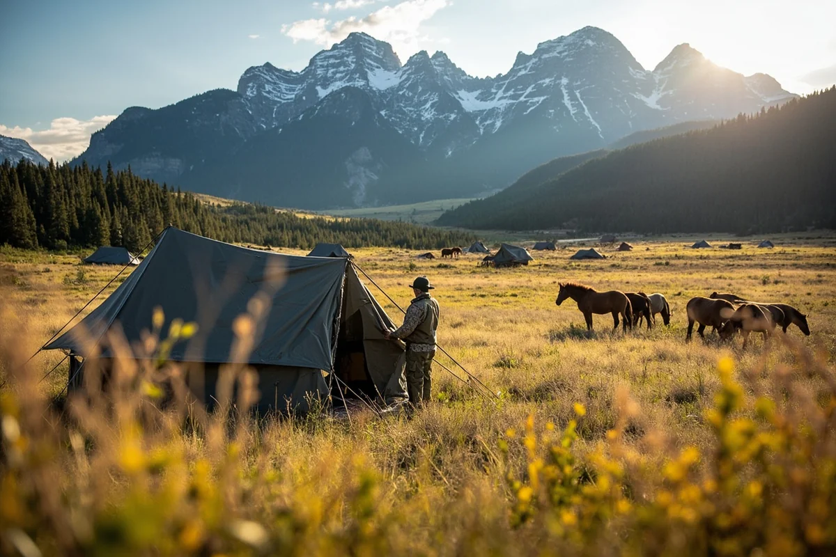 Hunting camp with wall tents set up in Montana mountain meadow with horses grazing nearby