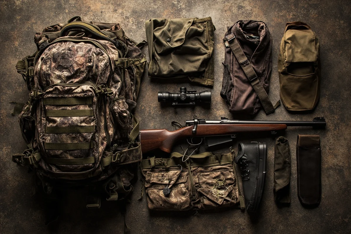 Hunting gear spread layout including backpack, optics, clothing layers, and rifle