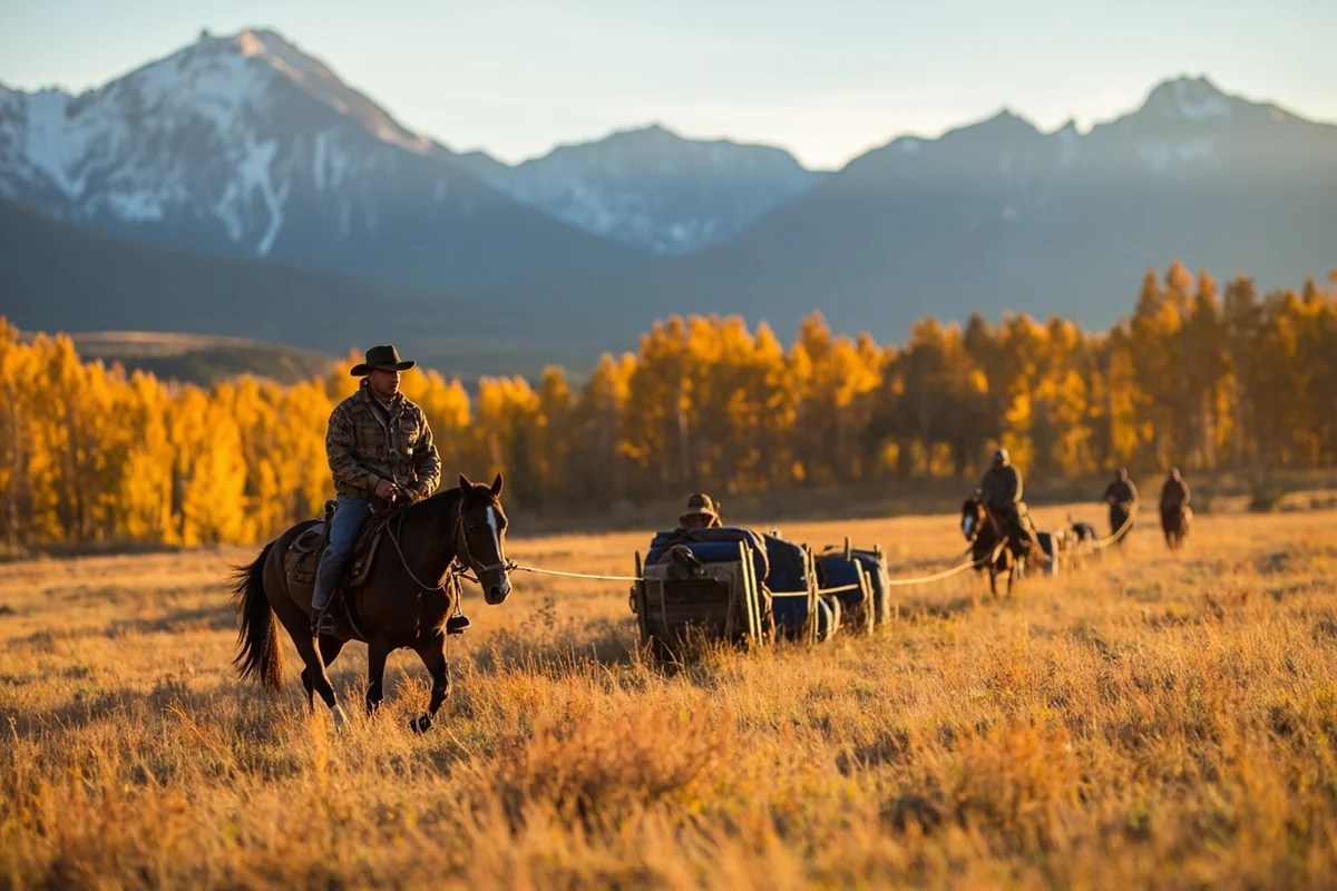 Hunting guide on horseback leading pack string through Montana mountain meadow in fall colors
