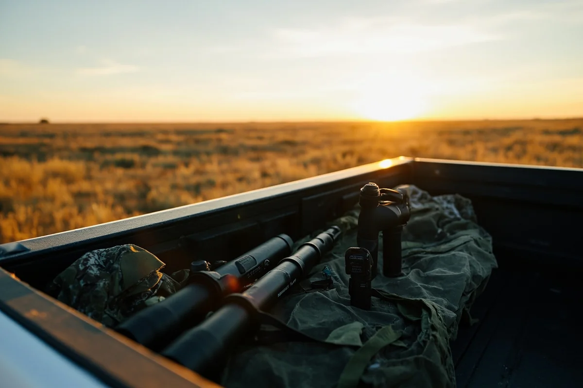 Hunting optics and rangefinder laid out on a truck tailgate with prairie landscape visible