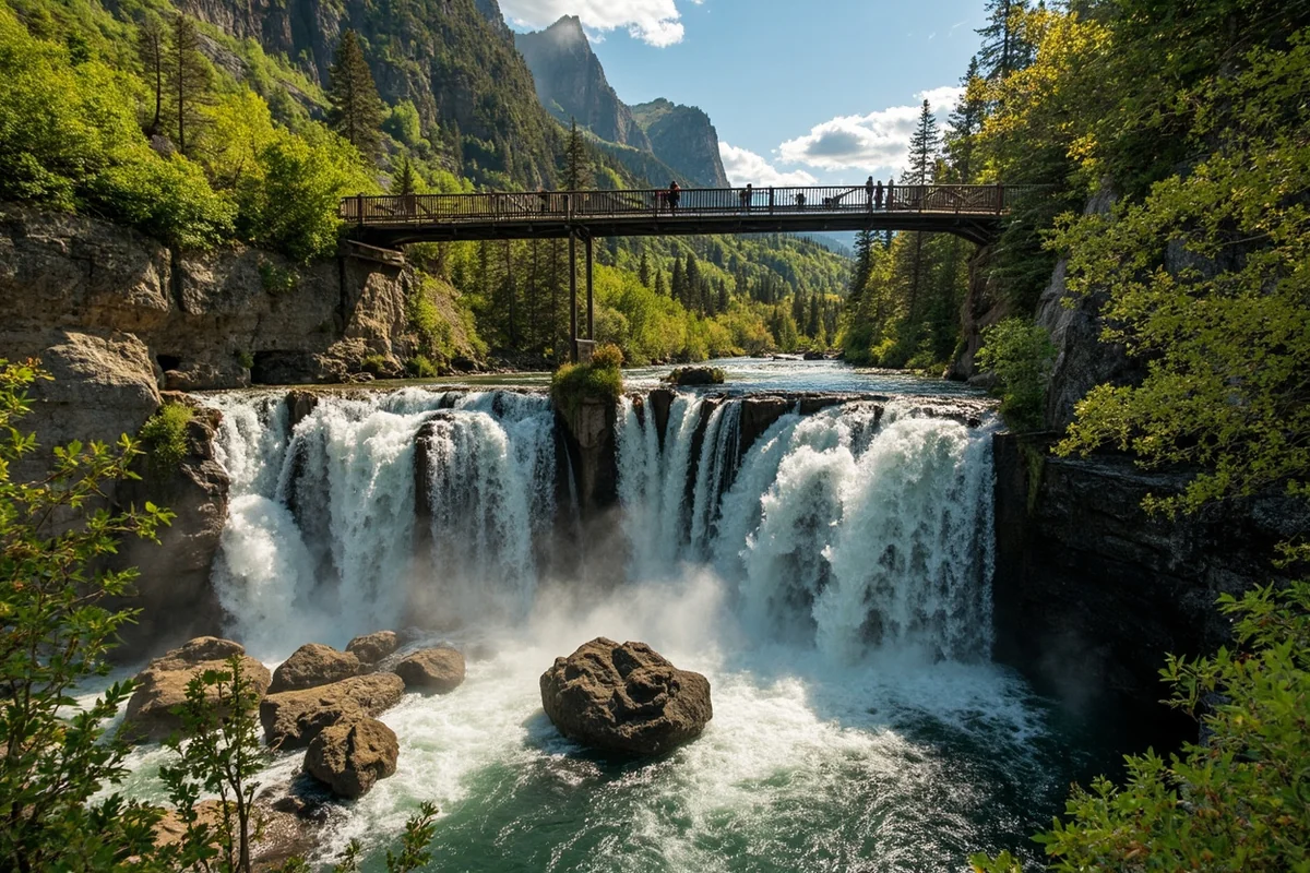 Hyalite Canyon's Palisade Falls with hikers on the viewing platform, summer greenery surrounding the falls